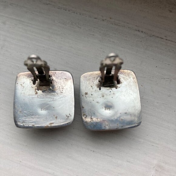 Vintage Sterling Silver Gray Stone Square Earrings Clip On Chunky Mottled Stone - Picture 9 of 11